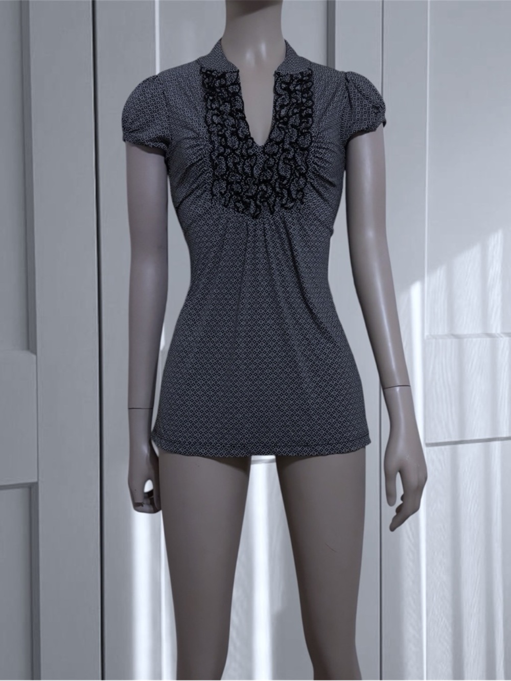 Black Printed Short-Sleeve Top with Lace Bib
